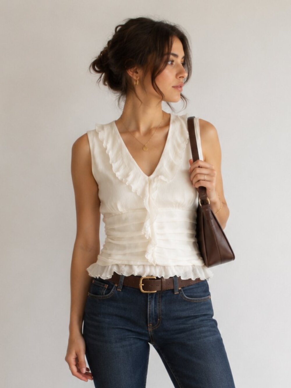 WD-NY 100% Silk Ruffle Blouse Ivory Cream Pintuck Sleeveless Top M